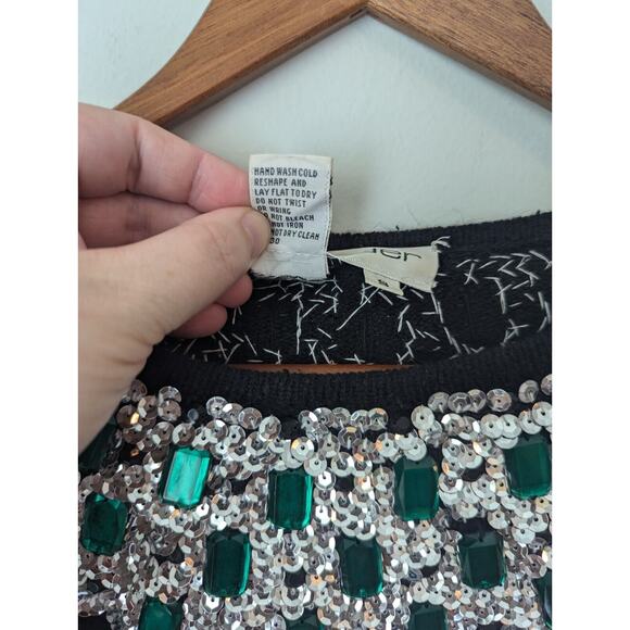 Outlander Sweater Womens Small Black Silk Angora Green Silver Sequins Pullover - Picture 7 of 10